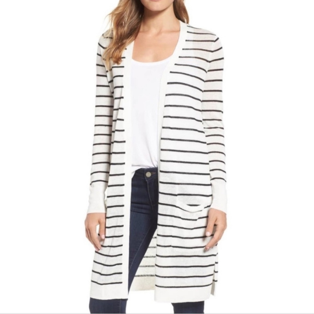 Halogen White and Black Striped Open-Front Long Cardigan